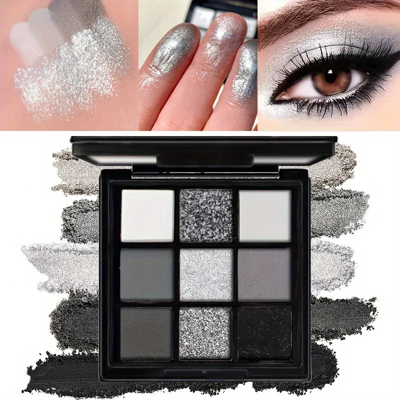 9 Colors Eye Shadow Palette Dark Black Grey Silvery Shimmer Matte Finish Smokey Style for Stage Party Performance Makeup