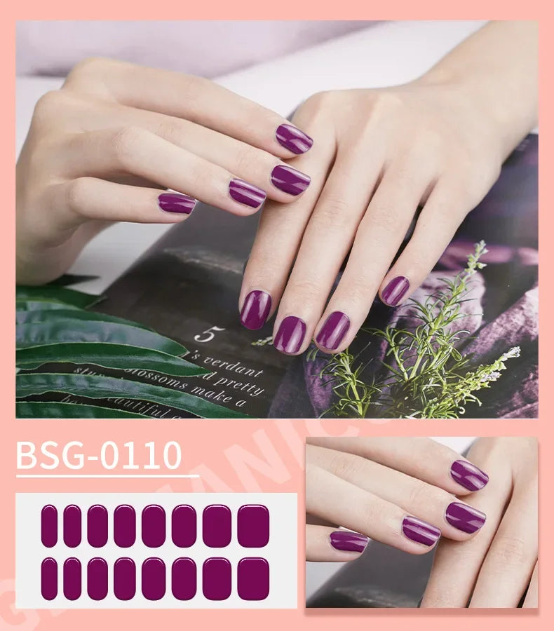 16/20Tips Semi-Cured Nail Wraps Simple Color Adhesive Full Cover Stickers for Nails UV Lamp Need Press On Nails DIY Manicure